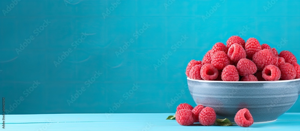 Poster Fresh raspberries in a bowl on a blue backdrop with copy space image.
