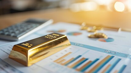 A gold bar placed on a financial report with graphs and charts, representing investment and market analysis