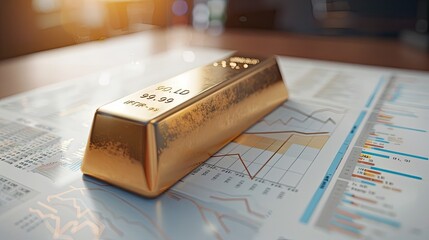 A gold bar placed on a financial report with graphs and charts, representing investment and market analysis