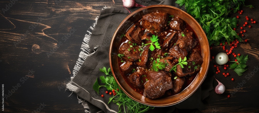 Aufkleber top view of beef stewed in red wine sauce with copy space image.