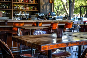 Modern Bar. Authentic Austin Architecture with Candid Bar Chairs and Colorful Food and Drink