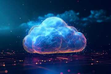 Big data and Cloud computing concept with digital cloud icon, digital cloud banner, circuitry and technology connecting to digital cloud server, data transferring dynamic and electrifying wallpaper