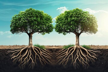 Obraz premium Two Trees: Two Rooted Trees Growing Together Symbolizing Business Collaboration and Strong Partnership