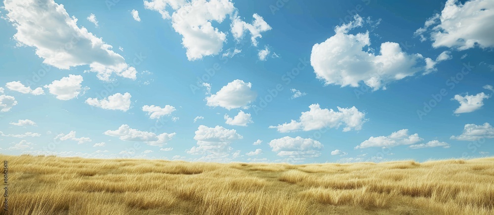 Poster Capturing a serene landscape of a clear blue sky adorned with fluffy white clouds above a field of golden dry grass, ideal for a natural background with empty space for text or images. Ideal for