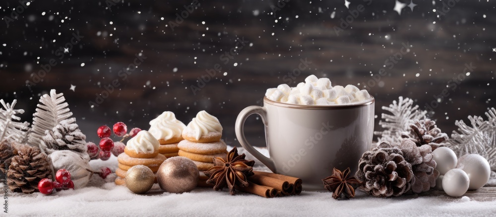 Poster holiday-themed background with hot cocoa topped with marshmallows, cream, and cookies, with copy spa