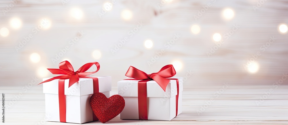 Aufkleber two romantic valentine's day gift boxes, one red and one white, arranged on a white wooden table bac