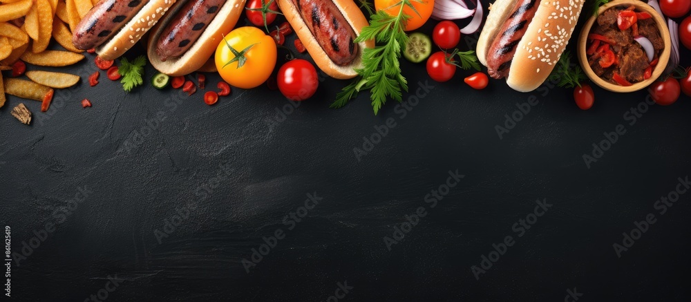 Poster top view of a summer bbq-themed corner border featuring hot dogs and hamburgers on a dark slate back