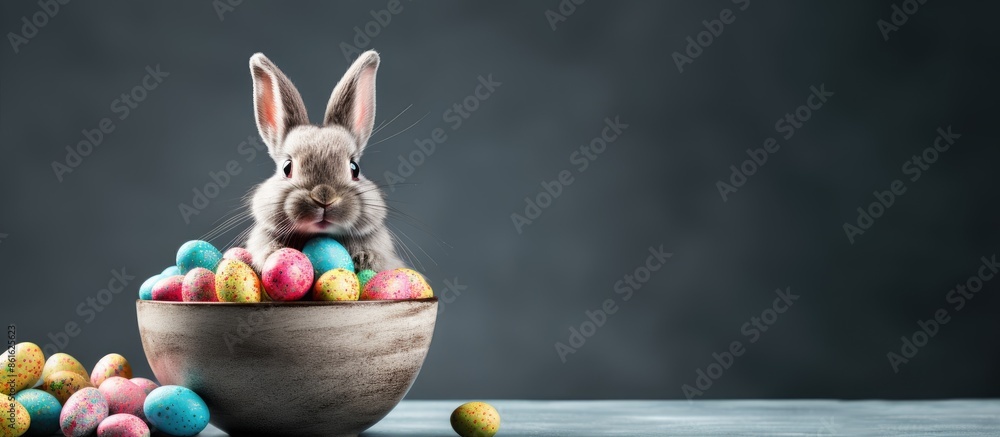 Poster close-up of easter bunny with eggs in a bowl on a grey background with copy space image.