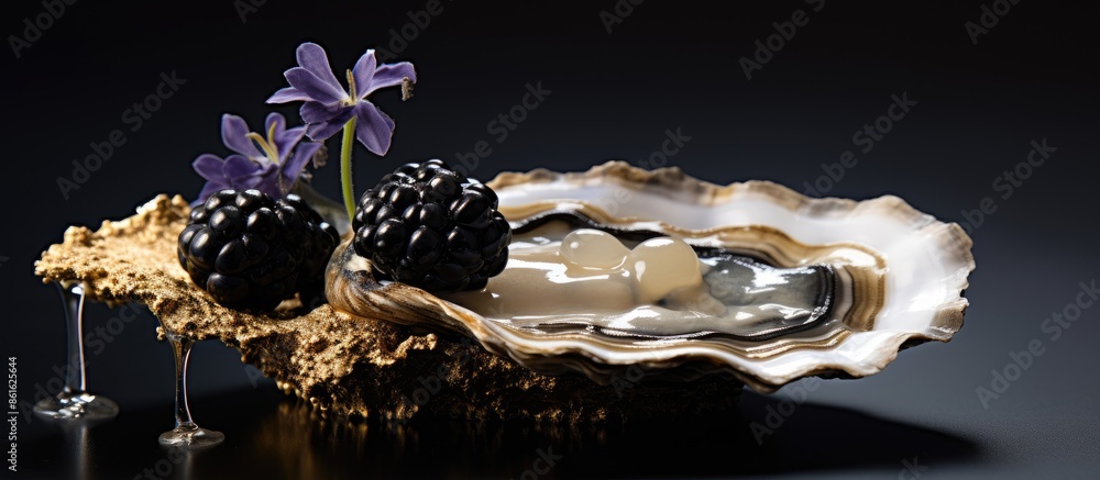 Poster delicacy: european oyster topped with luxurious black caviar and adorned with shimmering gold leaf, 