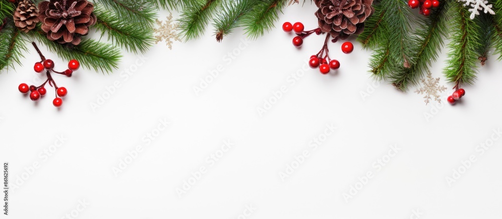 Poster top view flat lay of a christmas wreath against a white background with copy space image.