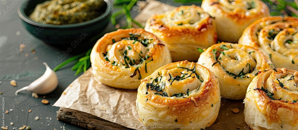 Poster cheese scrolls with garlic and greens, homemade, displayed in a tempting manner in a copy space imag