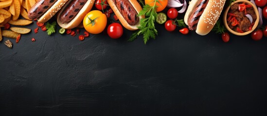 Top view of a summer BBQ-themed corner border featuring hot dogs and hamburgers on a dark slate background with ample copy space image.