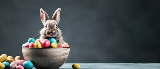 Close-up of Easter bunny with eggs in a bowl on a grey background with copy space image.