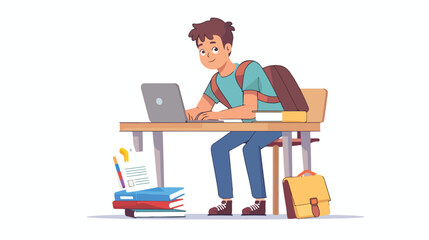 Student Boy Character Seated At Desk with Laptop Pape