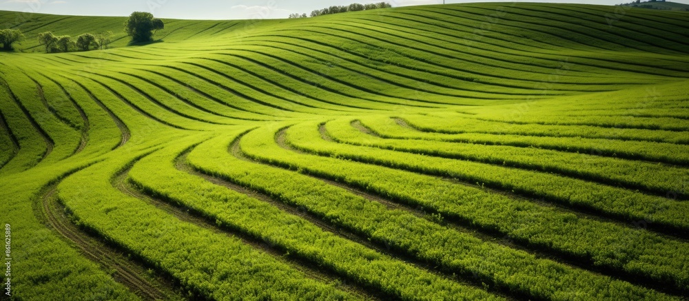 Fototapete tractor tracks creating a pattern on a lush green field, providing ample copy space image.