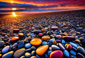 Obraz premium vibrant sunset reflections damp beach pebbles illuminated soft light, wet, colorful, seaside, coast, nature, shiny, rocks, evening, water, shore, beautiful