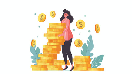 Successful Business Woman Carry Stack of Gold Coins 