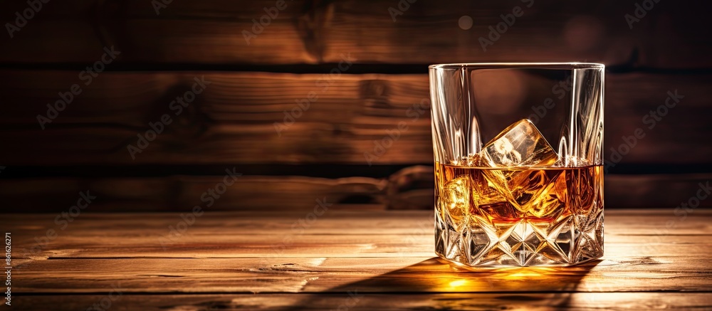 Poster a glass of whiskey is placed on a vintage wooden table, creating a rustic ambiance in the background