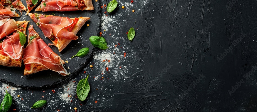 Aufkleber Top view of prosciutto and spice adorned pizza slices on a black backdrop with ample space for additional text or images.