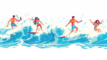Surfing People Four . Characters in Swimwear Riding 