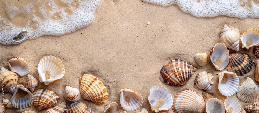 Poster seashells scattered on sandy beach with ample copy space image ideal for a summer holiday backdrop.