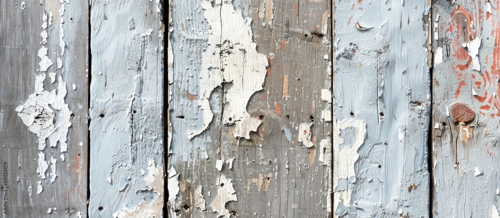 Aufkleber aged and weathered paint layers create abstract patterns on a wooden surface in a copy space image.