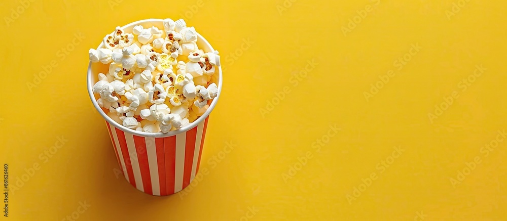 Aufkleber top view of a striped paper cup filled with popcorn on a yellow backdrop, offering ample copy space 