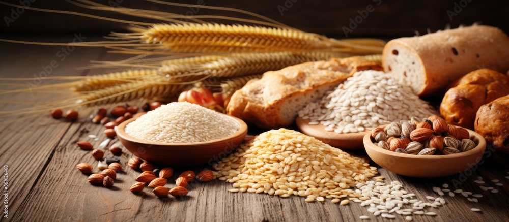 Poster Image with various gluten-free grains and carbohydrates for those with gluten intolerance, with space for text. with copy space image. Place for adding text or design