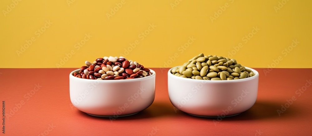 Poster bowls containing red and white beans along with green and red lentils, set against a plain backgroun