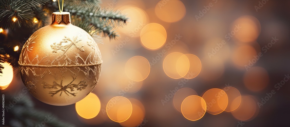 Aufkleber Closeup view of a Christmas ball hanging on an indoor fir tree branch with space for text in the image. with copy space image. Place for adding text or design