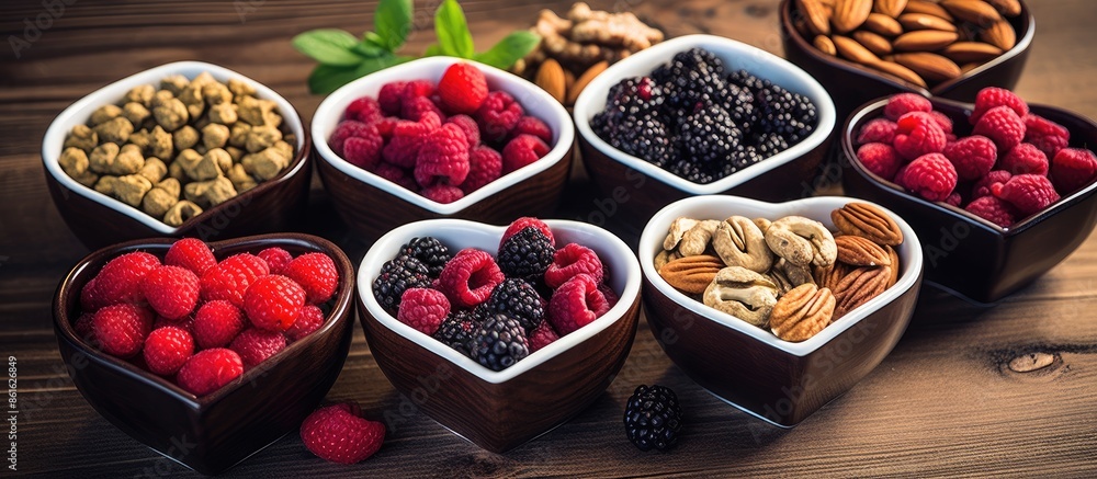Aufkleber a collection of berries and nuts displayed in bowls for a healthy lifestyle with a focus on heart he