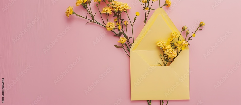 Poster mockup of an invitation or greeting card featuring a yellow envelope, a blank card adorned with smal