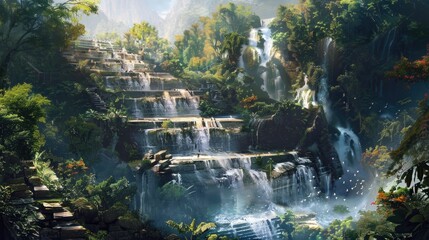 Obraz premium A multi-tiered waterfall flowing through a series of rocky steps, surrounded by dense jungle and vibrant wildlife