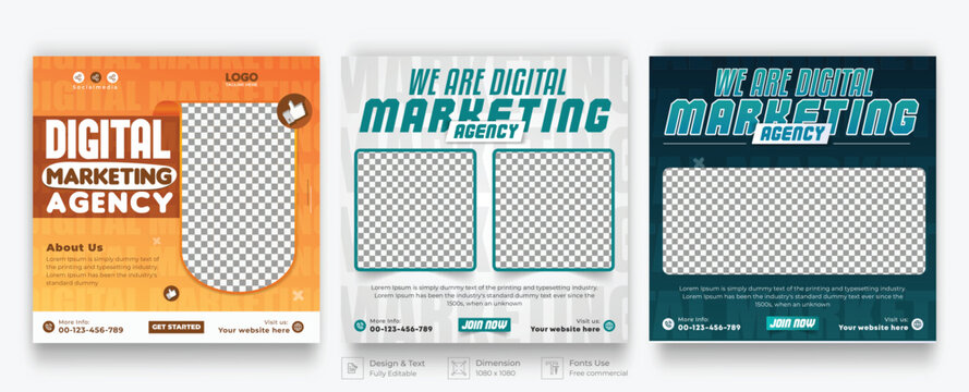 Business marketing agency social media post design template .Editable square banner design with place for the photo.