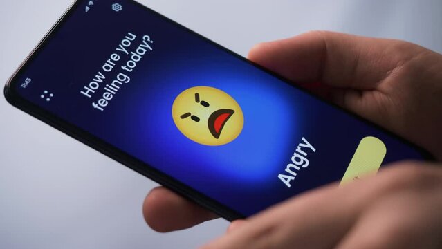Tracking emotions on a mental health app. Choosing a happy emoticon and submitting it to a digital journal. Fictional Interface.