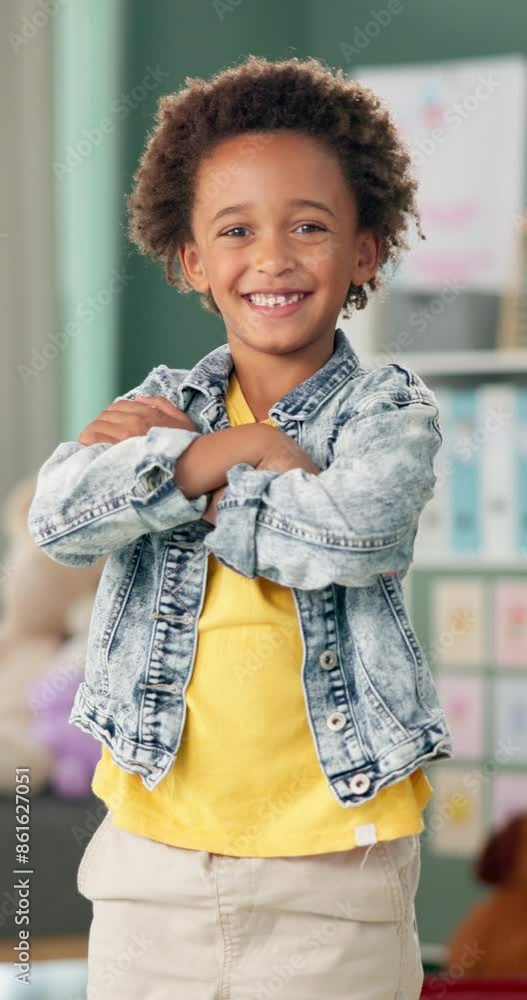 Aufkleber happy, education and face of child in school ready for studying, lesson and learning in classroom. c