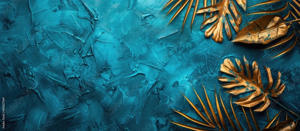 Aufkleber blue abstract background with a texture of a golden palm leaf pattern, ideal for tropical summer des