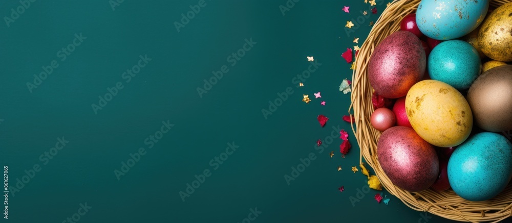 Aufkleber top view of a wicker basket filled with easter eggs adorned in golden paint on a colorful background