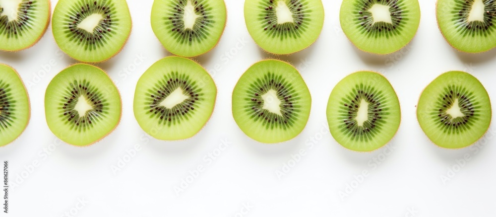 Wall mural Kiwi slices on white backdrop with ample copy space image for text, arranged in a flat lay pattern, seen from above. - Wall murals