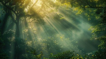 Obraz premium A panoramic view of a dense, lush green forest with sunlight streaming through the treetops, creating a serene and magical atmosphere