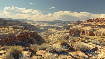 A panoramic view of a desert canyon, carved by wind and water over millennia, with layered rock formations and sparse vegetation
