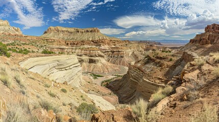 Fototapeta premium A panoramic view of a desert canyon, carved by wind and water over millennia, with layered rock formations and sparse vegetation