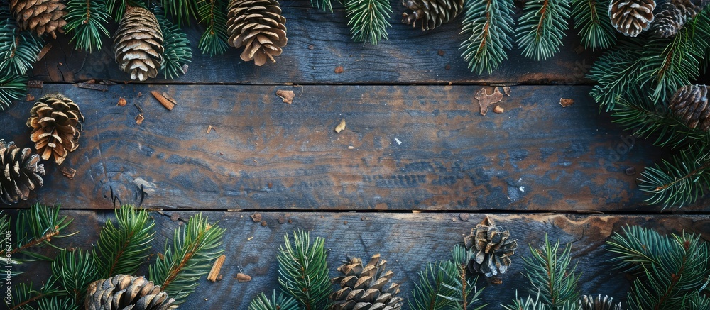 Poster A festive scene with pine branches, fir cones on rustic wood. View from above with space for text or image. with copy space image. Place for adding text or design