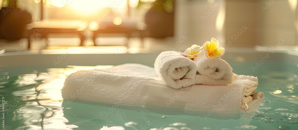 Aufkleber towel with bath tub in luxury bathroom. with copy space image. place for adding text or design