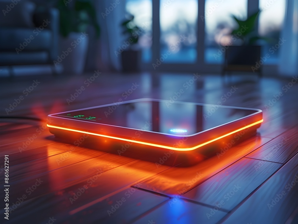 Poster smart digital scale displaying body metrics on screen in futuristic environment