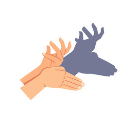 Hands Creating A Deer Or Moose Head Shadow Puppet On White Wall. Illustration Depicts The Creativity And Fun Of Shadow