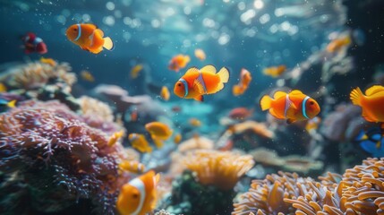 Obraz premium Colorful tropical fish swimming in a vibrant coral reef crystal clear water natural world photo realistic underwater view