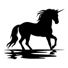 A black silhouette of a unicorn standing in water, with its mane flowing in the wind