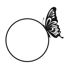 A black and white butterfly with intricate wing patterns perched on a circular frame