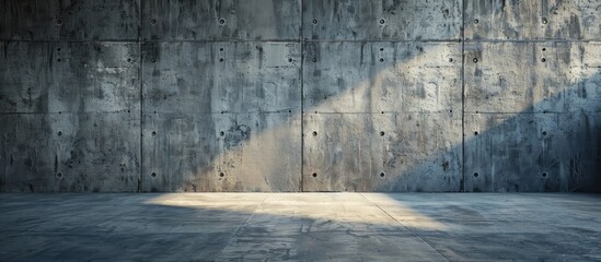 A plain grey smooth concrete wall featuring volumetric grooves suitable for decorating stands, tables, or adding graphs with copy space image.